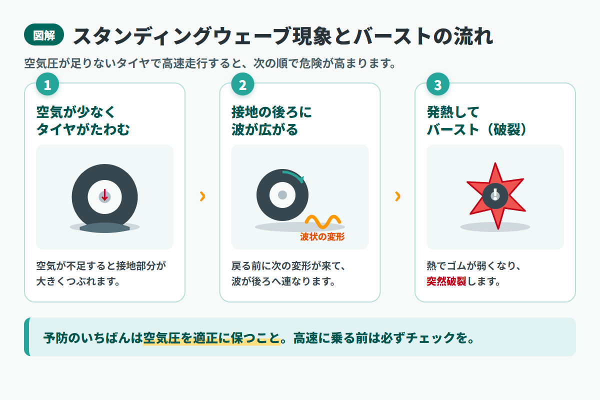 スタンディングウェーブ現象の図解。空気が少ないタイヤが高速回転すると接地面の後ろに波状の変形が広がり、発熱してバーストに至る流れを3段階で示す