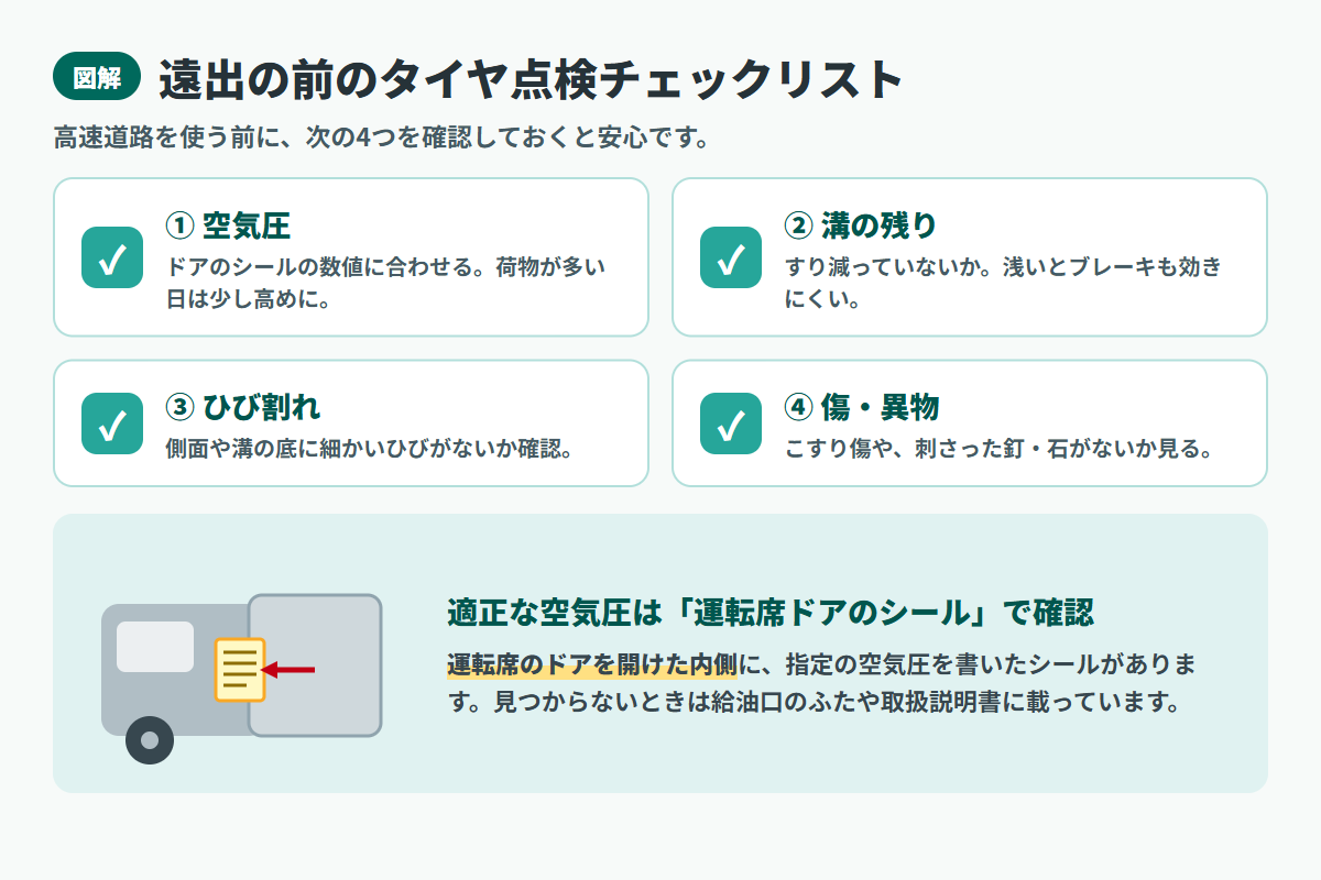 遠出前のタイヤ点検チェックリストの図解。空気圧・溝の残り・ひび割れ・傷や異物の4項目と、適正空気圧は運転席ドアのシールで確認する点を示す