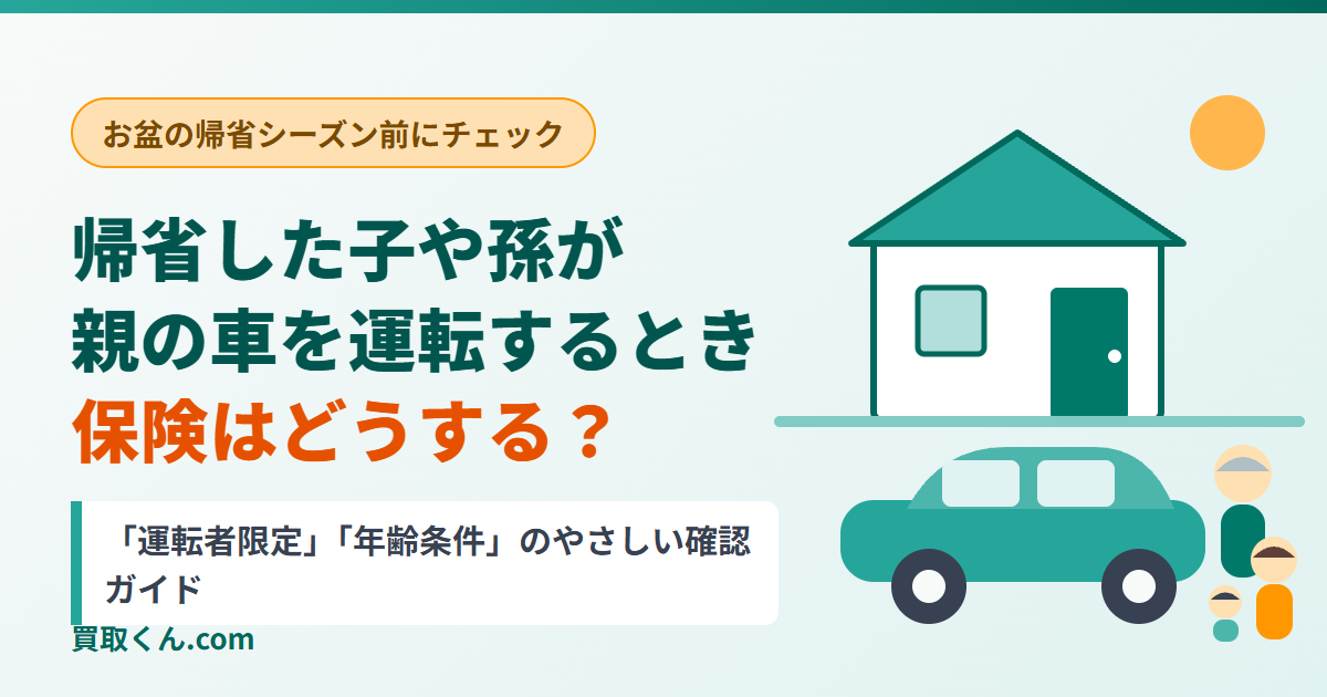 帰省した子や孫が親の車を運転するとき保険はどうする？運転者限定・年齢条件のやさしい確認ガイドのアイキャッチ。実家と車と家族のイラスト