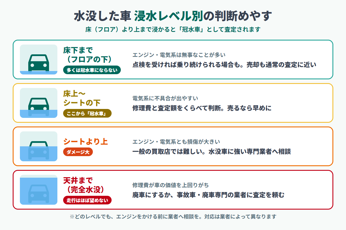 水没車の浸水レベル別の判断図。床下まで・床上からシートの下・シートより上・天井までの4段階ごとに、車の状態と対応のめやすを示す