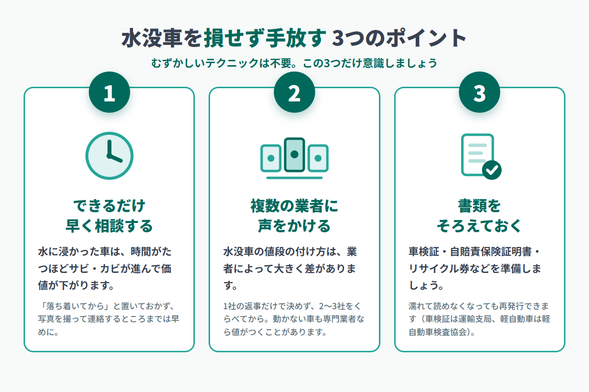 水没車を損せず手放す3つのポイントの図解。1できるだけ早く相談する、2複数の業者に声をかける、3書類をそろえておく