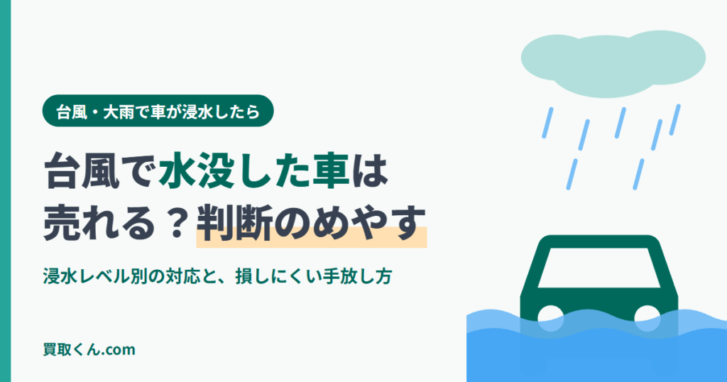 台風で水没した車は売れる？浸水レベル別の判断と手放し方を解説する記事のアイキャッチ。雨と水に浸かった車のイラスト