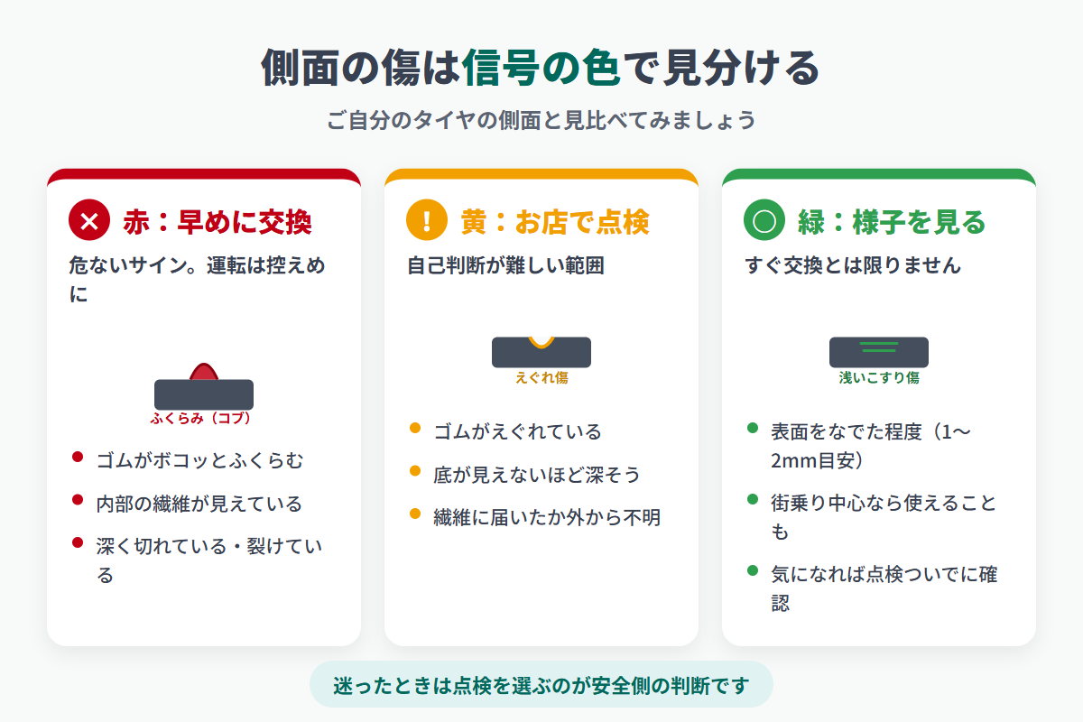 タイヤ側面の傷を信号色で分けた判定図解。赤(即交換)はふくらみ・繊維の露出・深い切り傷、黄(要点検)はゴムがえぐれた傷、緑(様子見)は表面の浅いこすり傷