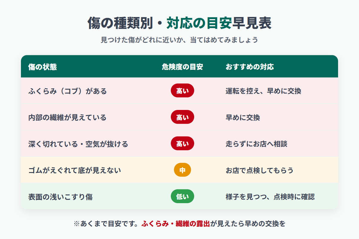 タイヤ側面の傷の種類別対応早見表。ふくらみ・繊維露出・深い切り傷は即交換、えぐれ傷は点検、浅いこすり傷は様子見と対応を示した図