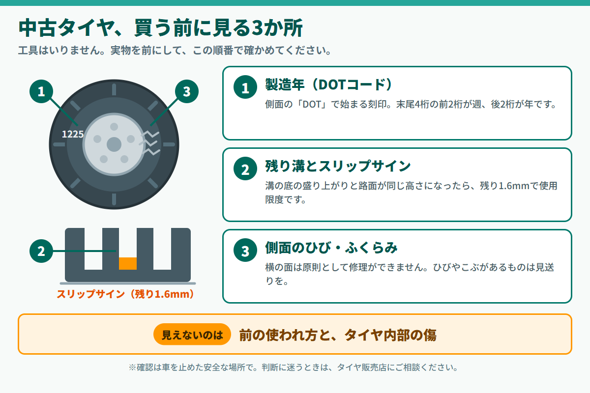 中古タイヤを買う前に確認する3か所を示した図解。側面のDOTコードで製造年、溝の中のスリップサインで残り溝、サイドウォールのひび割れやふくらみを見る