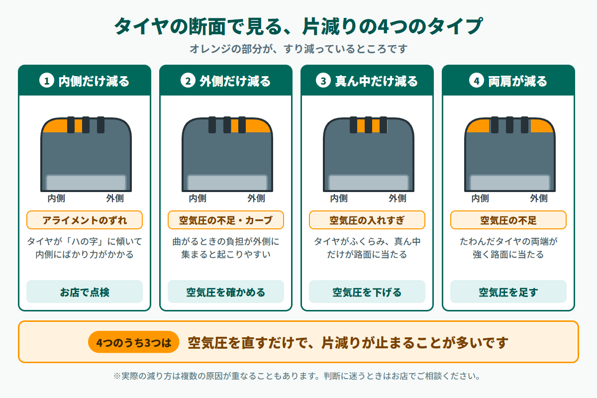 タイヤの断面図で片減りの4タイプを比較した図解。内側だけ減る(アライメントのずれ)、外側だけ減る(空気圧不足やカーブでの負担)、真ん中だけ減る(空気圧の入れすぎ)、両肩が減る(空気圧不足)の減っている箇所を色分けして示している