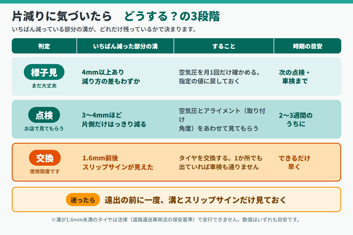 片減りしたタイヤをどうするか3段階で示した早見表の図解。溝が4ミリ以上で減り方の差が小さければ様子見、溝3〜4ミリで差がはっきりしていればお店で点検、溝1.6ミリ前後やスリップサインが出ていれば交換という判断の目安