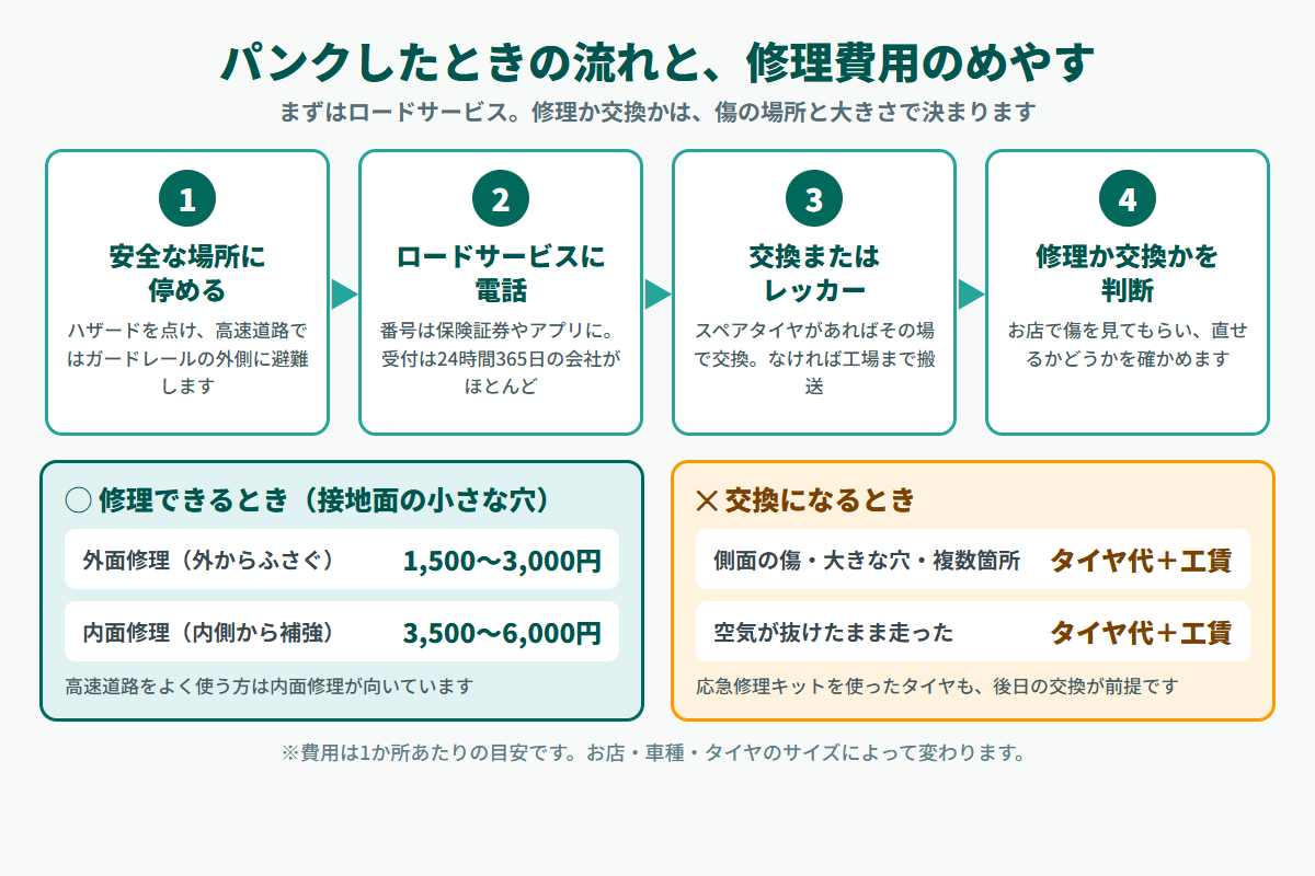 タイヤがパンクしたときの流れの図解。安全な場所に停めてロードサービスを呼ぶ、スペアタイヤ交換またはレッカー搬送、お店で修理か交換かを判断、修理は外面修理が1500円から3000円ほど内面修理が3500円から6000円ほどの目安、側面の傷や大きな穴は交換