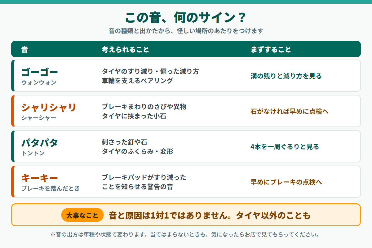 走行中の音の種類から原因のあたりをつける早見表の図解。ゴーゴー・シャリシャリ・パタパタ・キーキーの4つの音について、考えられる原因とまずすることを一覧にしている