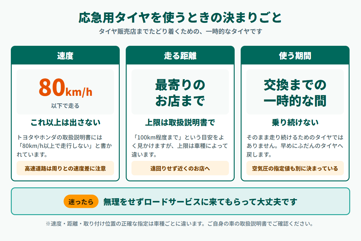 応急用スペアタイヤを使うときの決まりごとを示す図解。速度は80キロ以下、走る距離は最寄りのお店まで、使うのは交換までの一時的な間、という3点を大きな文字で示す